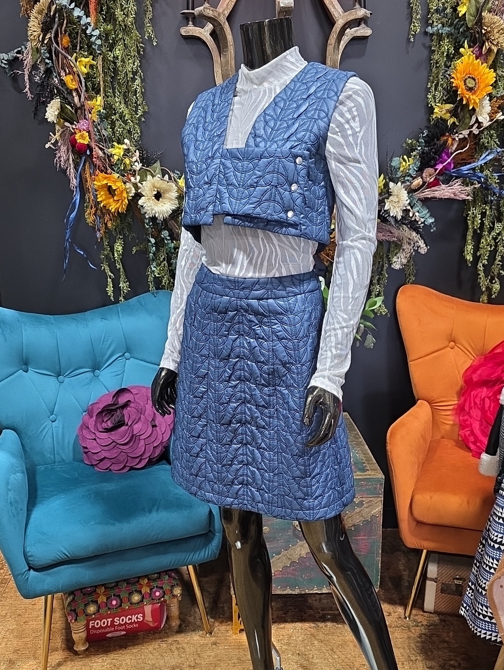 Blue Quilted Skirt Set — Women's Coordinated Quilted A-Line Skirt